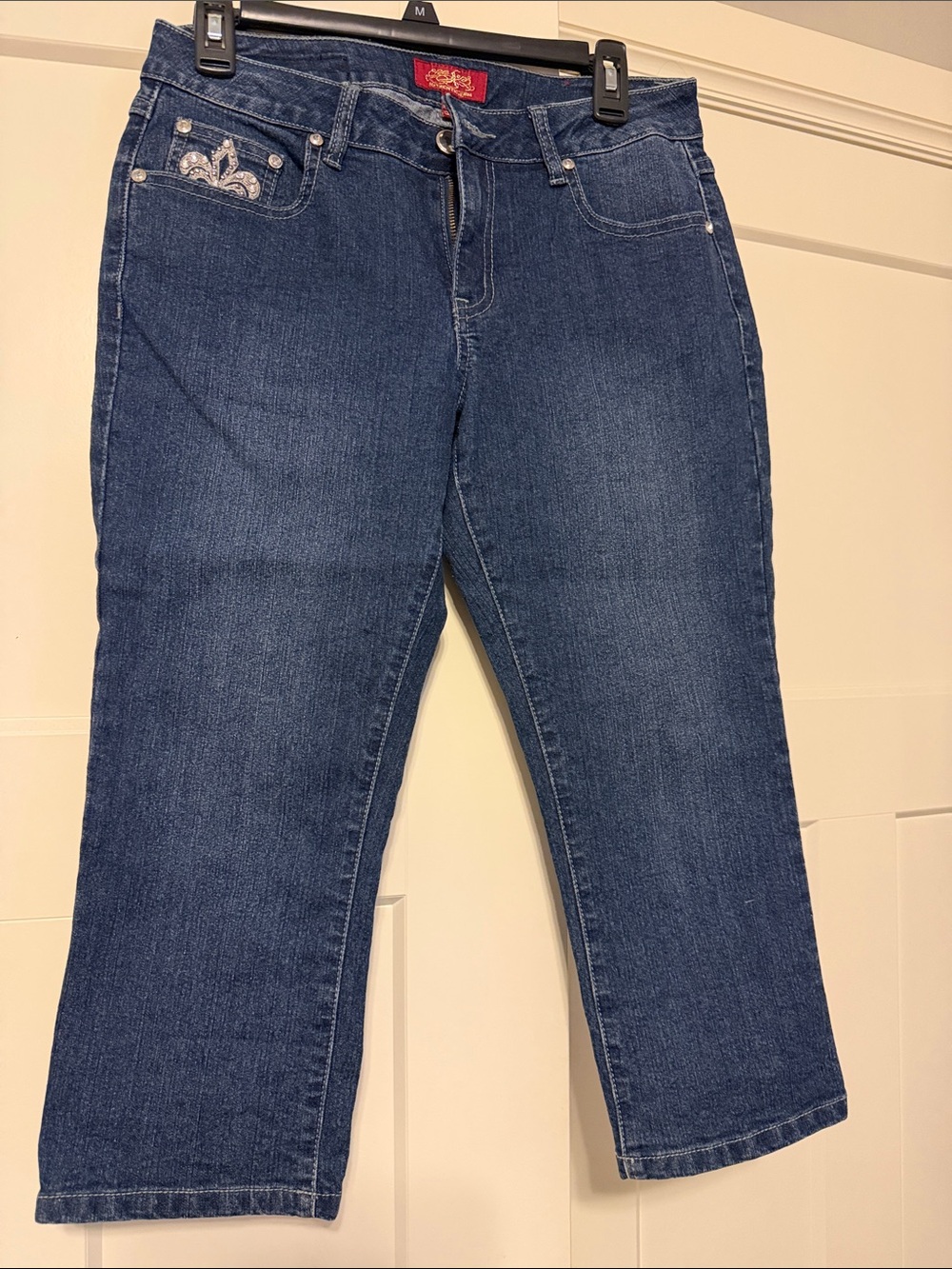 one 5 one Indigo Cropped Embroidered Pocket Jeans